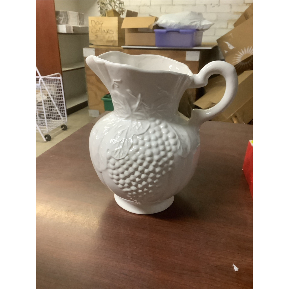 Vtg. White Emboss Grapevine Design CALIF USA 496 Pitcher 8.75” H VGC
